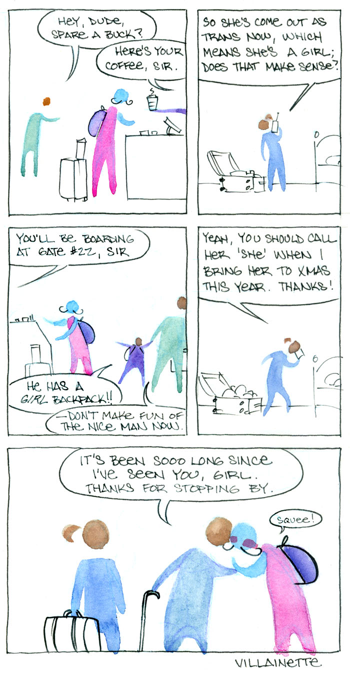 a geniusly witty comic about gender, rendered in virtuosic watercolor, but lacking an image description
