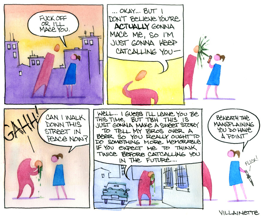 a geniusly witty comic about gender, rendered in virtuosic watercolor, but lacking an image description